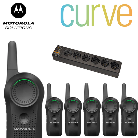 Motorola walkie-talkies with charger and 'Curve' branding on a white background