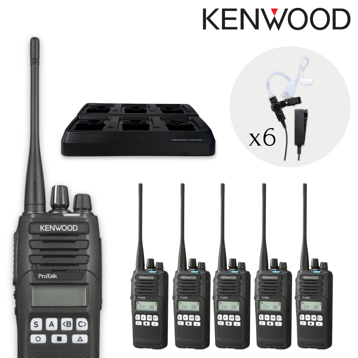 Kenwood TK3710 UHF 5 Watt CB | Deluxe 6 Pack (Multi-Bay Charger & Audio Accessories)