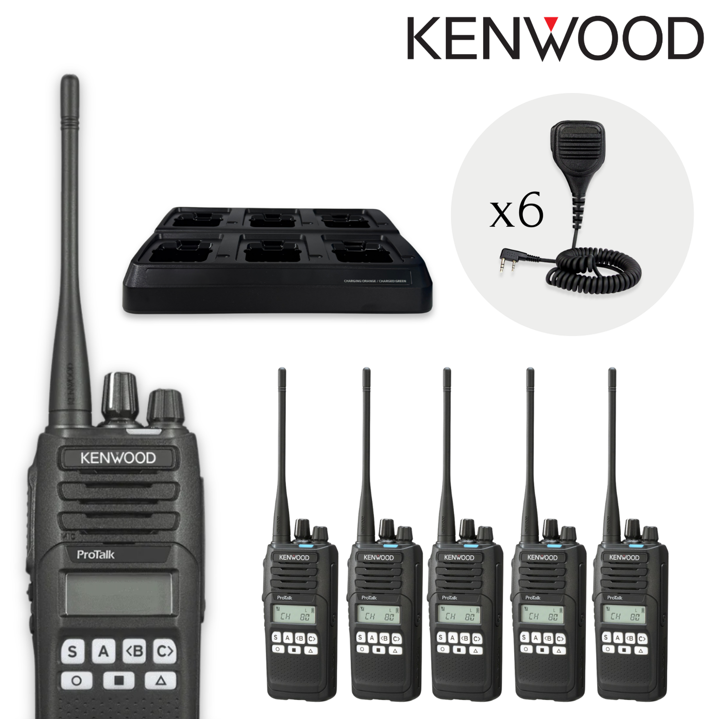 Kenwood TK3710 UHF 5 Watt CB | Deluxe 6 Pack (Multi-Bay Charger & Audio Accessories)