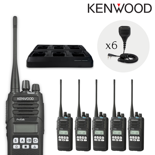 Kenwood TK3710 UHF 5 Watt CB | Deluxe 6 Pack (Multi-Bay Charger & Audio Accessories)