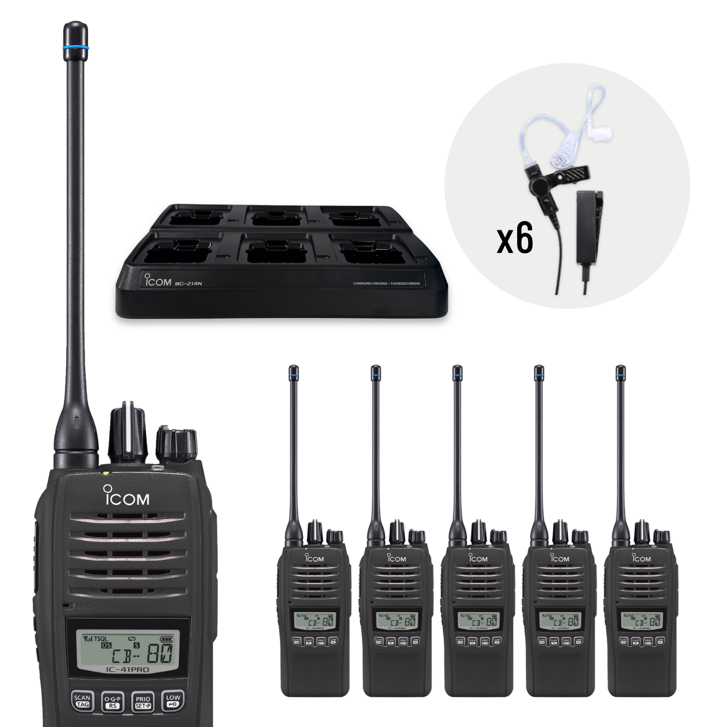 Icom IC-41 Pro 6 Pack | Earpieces + 6 Bay Charger