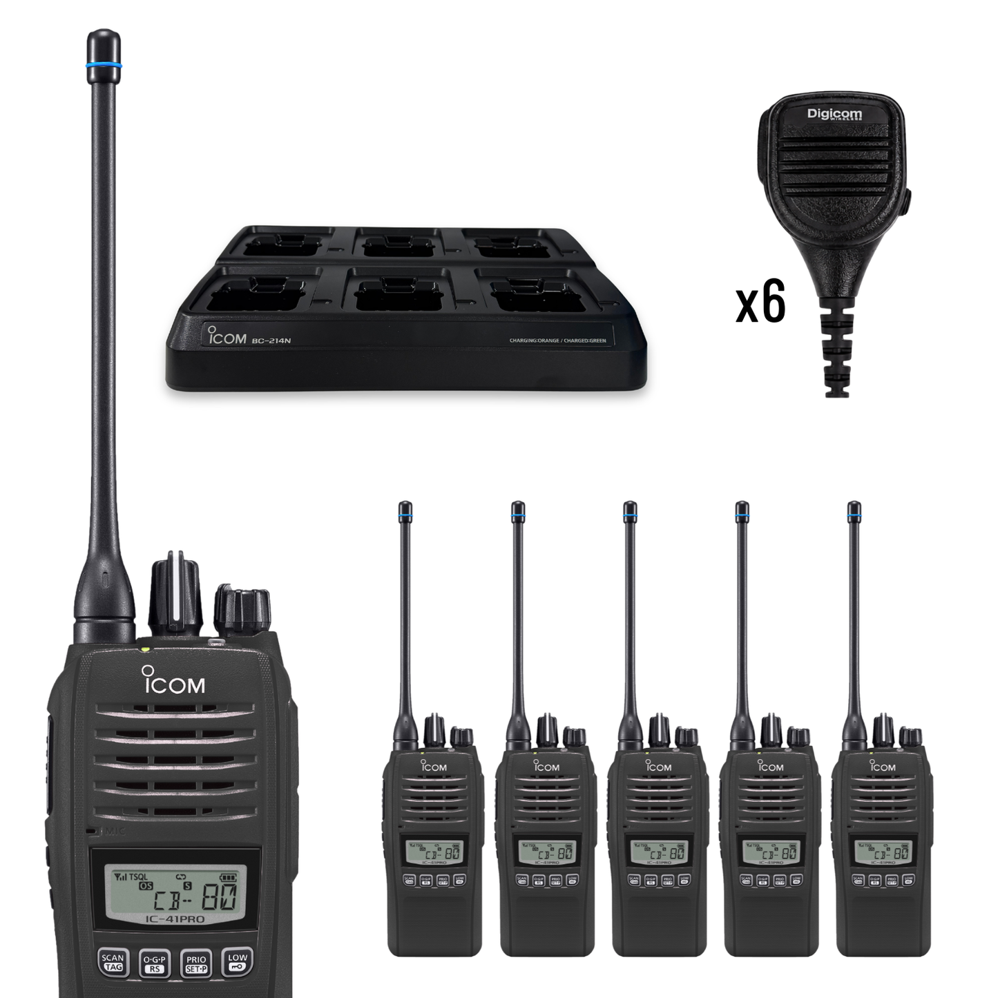 Icom IC-41 Pro 6 Pack | Standard Speaker Mics + 6 Bay Charger