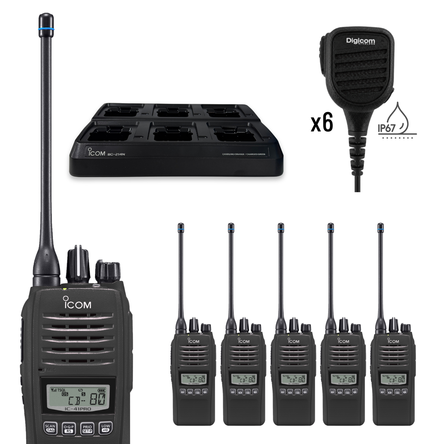Icom IC-41 Pro 6 Pack | Waterproof Speaker Mics + 6 Bay Charger