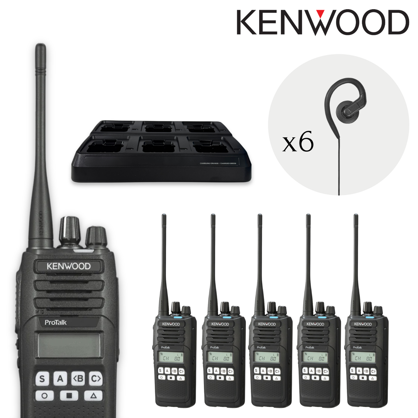Kenwood TK3710 UHF 5 Watt CB | Deluxe 6 Pack (Multi-Bay Charger & Audio Accessories)